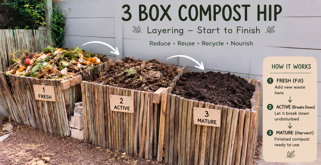 Three-box compost heap showing fresh, active and mature composting stages