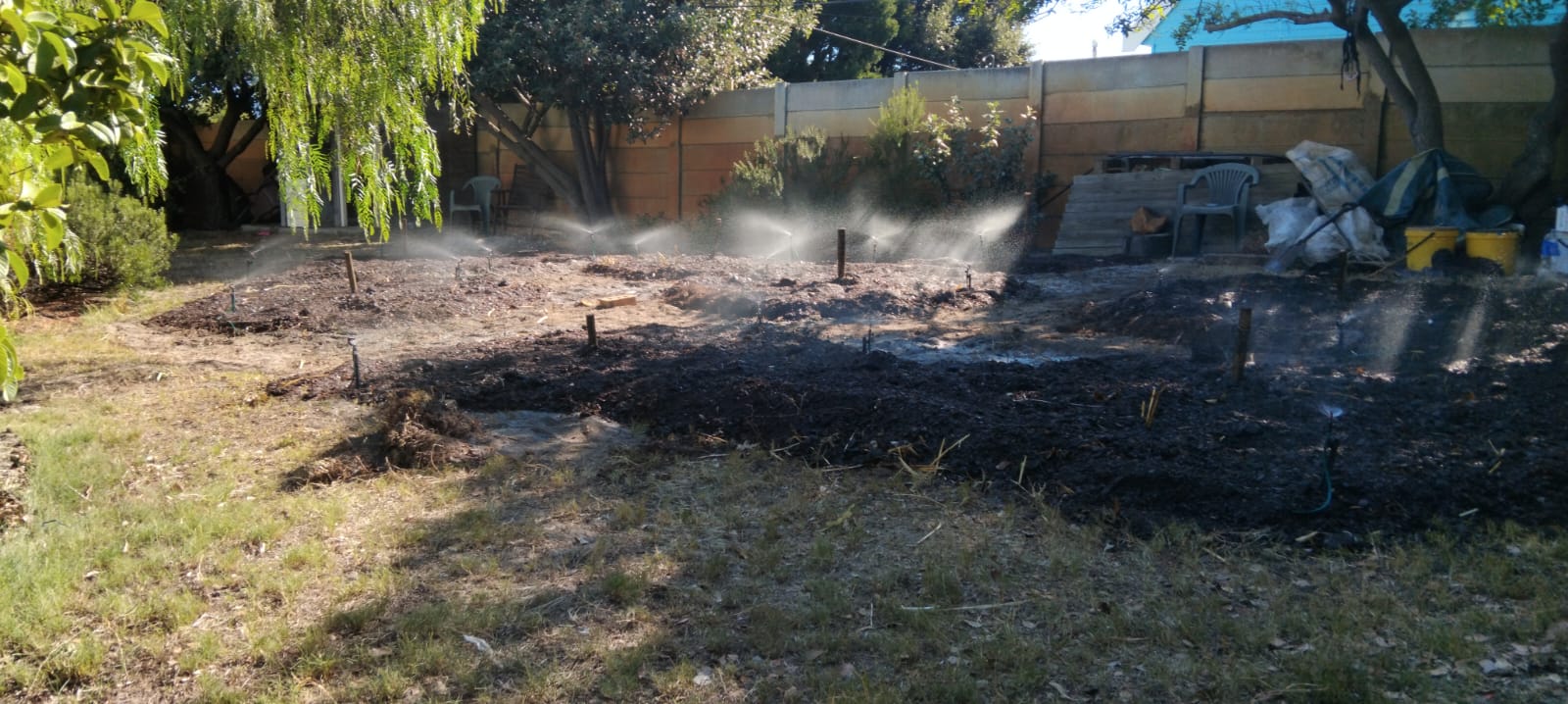 Soil preparation — sprinklers soaking newly amended organic soil beds