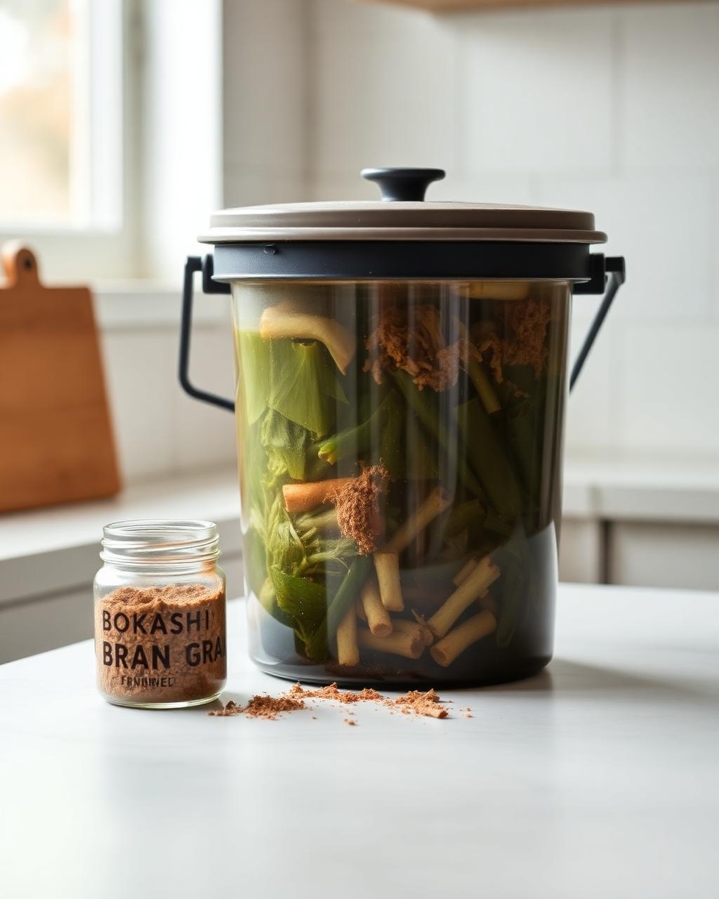 Sealed bokashi bucket with bran fermenting kitchen food scraps