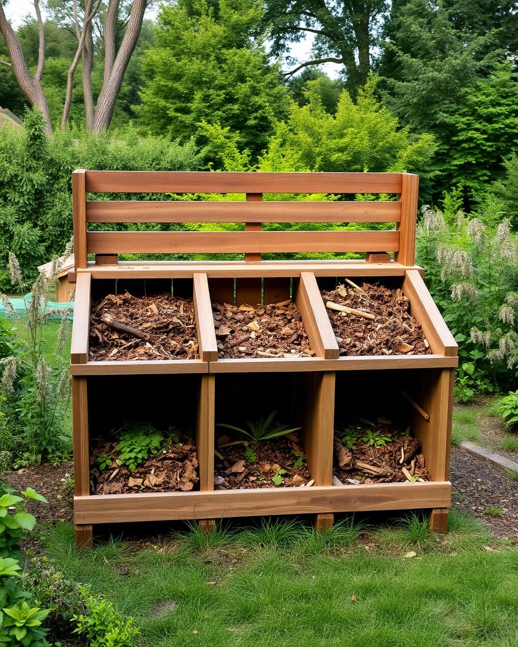 Three-bay timber compost system with piles at different stages