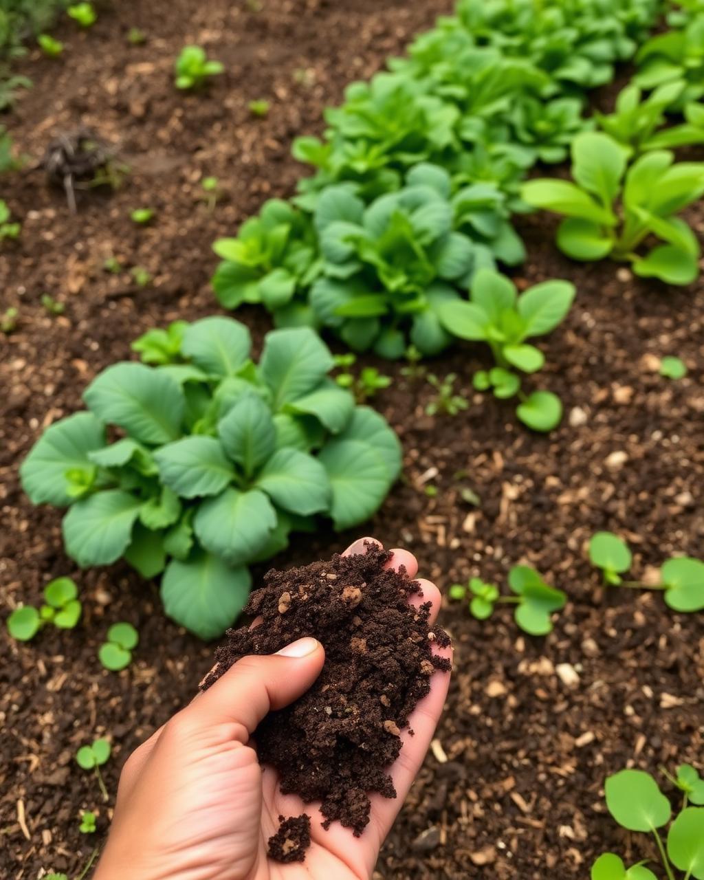 Hand holding rich living soil in front of a thriving mulched vegetable bed