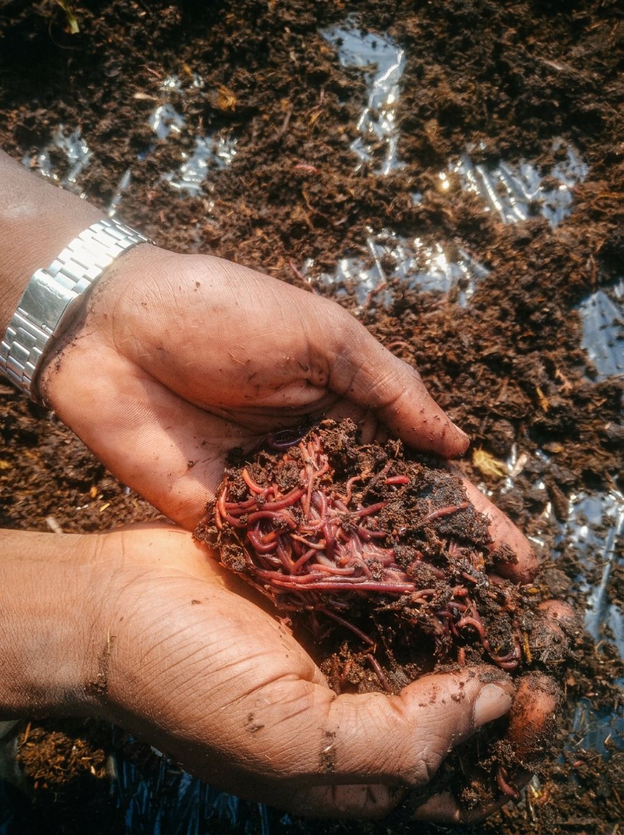 Hands holding rich vermicompost with red composting worms