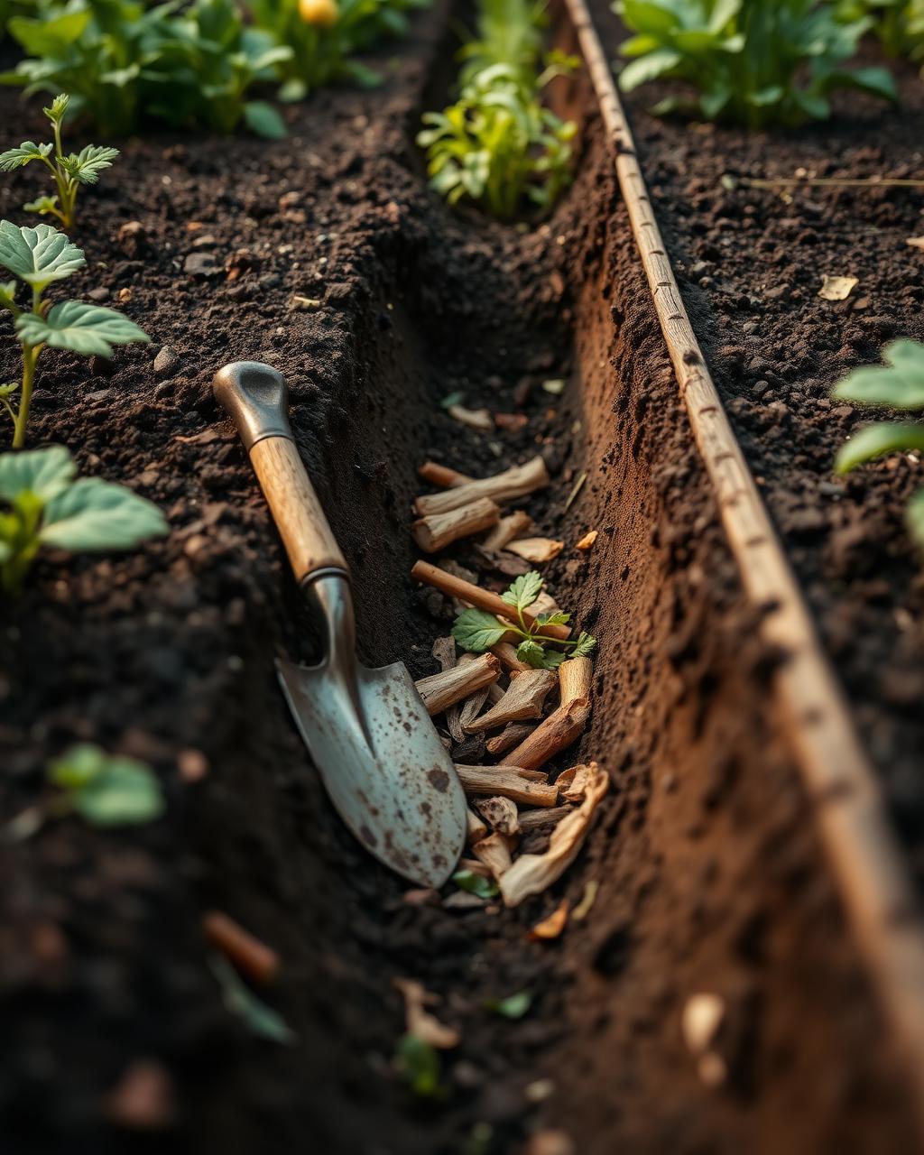 Kitchen scraps buried in a trench between vegetable beds