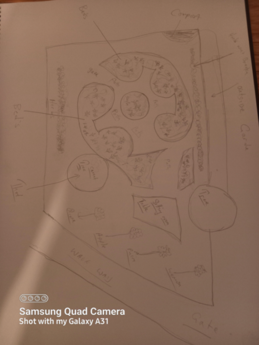 Hand-drawn permaculture garden design sketch 1