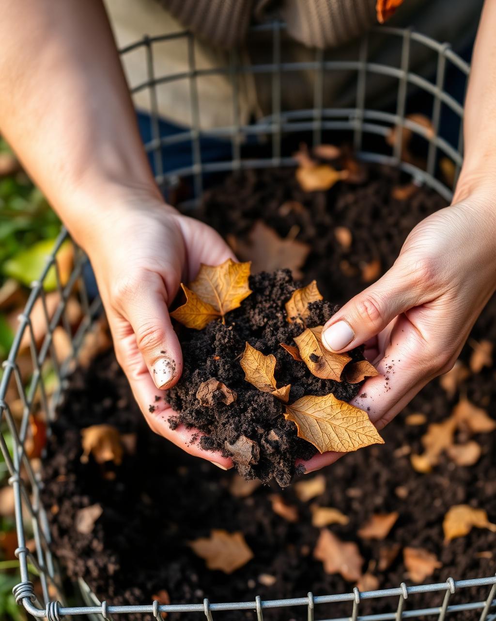 Hands holding dark crumbly leaf mould above a wire cage of autumn leaves