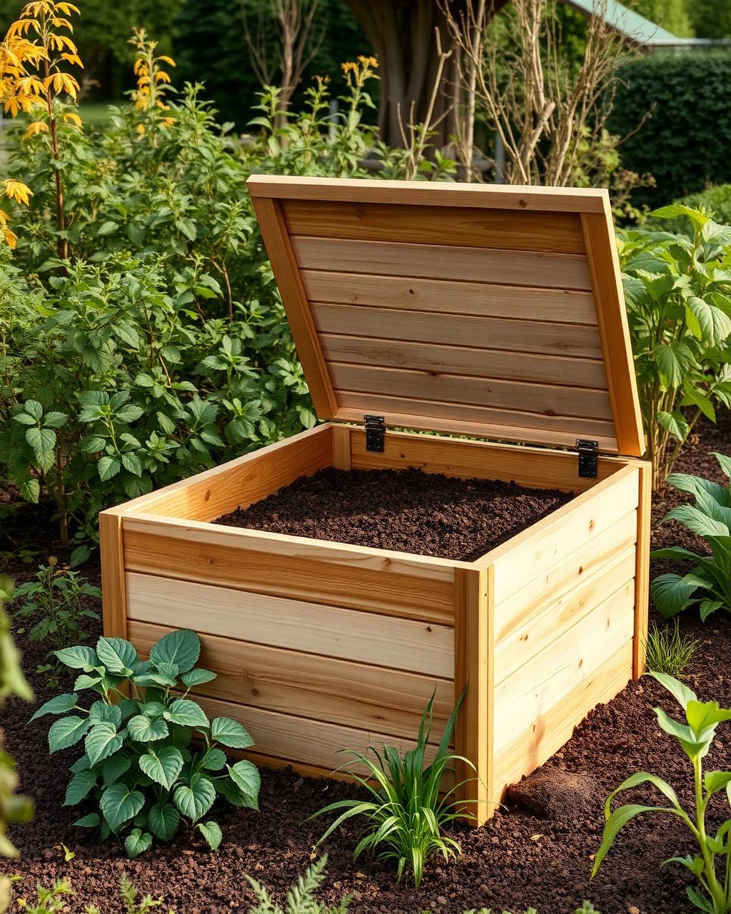 Purpose-built timber compost box filled with maturing compost