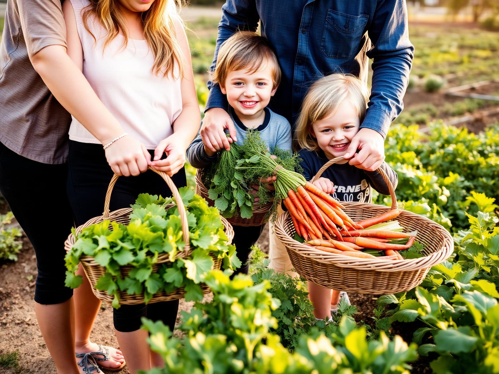 A family harvesting fresh carrots and leafy greens together at golden hour