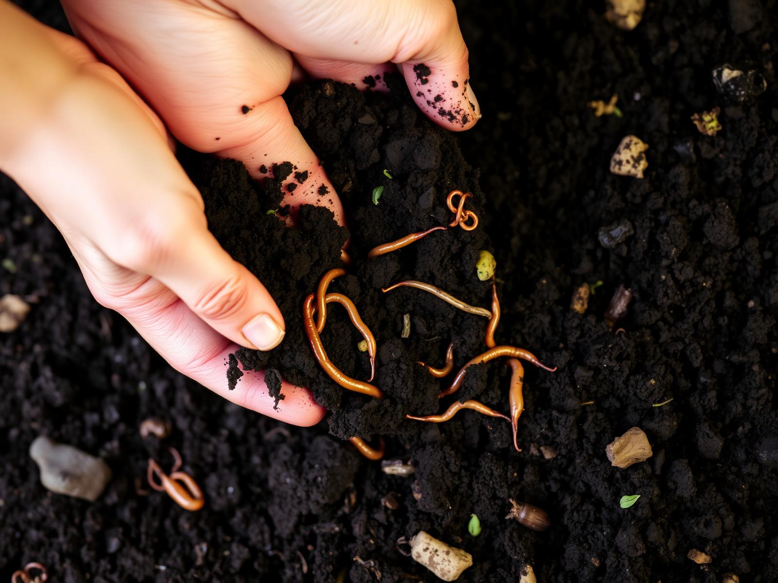 Hands scooping up dark rich composted soil full of earthworms